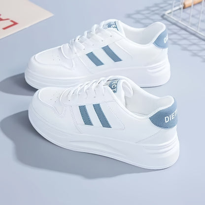 Women's classic white sneakers with blue stripes, casual, non-slip, waterproof, durable for all seasons.