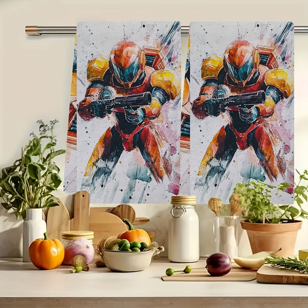 This set includes two ultra-soft kitchen towels featuring Samus Aran from Metroid. They are highly absorbent and ideal for holiday decoration. The towels are machine washable and measure 40.64X60.96 cm.