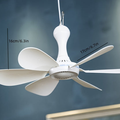 USB Powered Personal Fan for Office and Camping - Portable Ceiling Fan with Rechargeable Battery and 6 Blades, 1.6m Cable, Button Control, Plastic Material, Indoor/Outdoor Hanging Electric Fan with Multiple Components