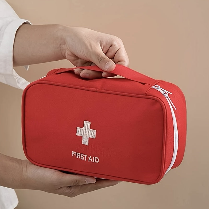 Portable first aid bag made of Oxford cloth with slogan graphic, positioning printing, and no edge paint for organizing medical supplies during travel emergencies.