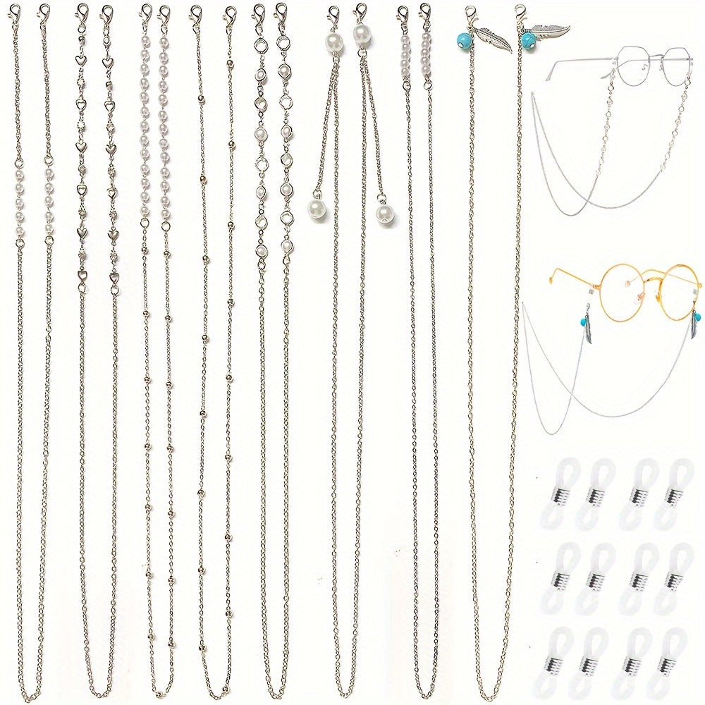 Set of 8 assorted styles glasses chains for both women and men, featuring a trendy anti-slip design. These eyeglass chains also double as a lanyard strap for masks, making them a versatile accessory for your face covering and eyewear retention needs.