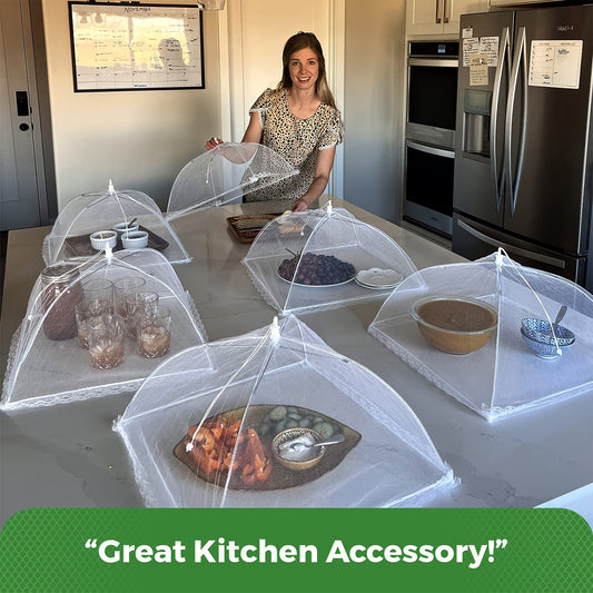 Large and tall pop-up mesh food covers tent umbrellas available in sets of 1, 2, 4, or 6. Perfect for outdoor events, screen tents, parties, picnics, and BBQs. These reusable and collapsible food covers are essential for picnics, camping, and BBQs. A