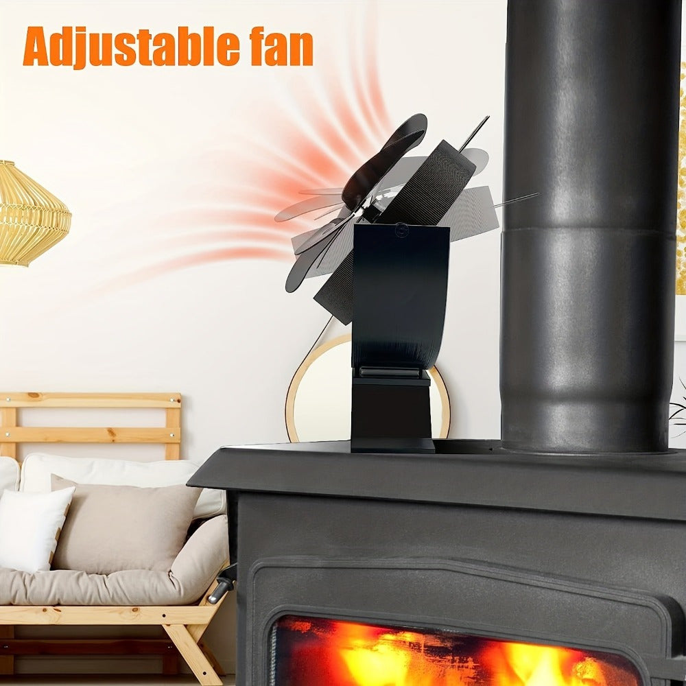 Wood stove fan with rotating blades that can move 180°, exhausts heat with its 6-blade design, made of aluminum for silent and portable operation. No electricity required, suitable for use with wood, gas, and pellet log stoves.