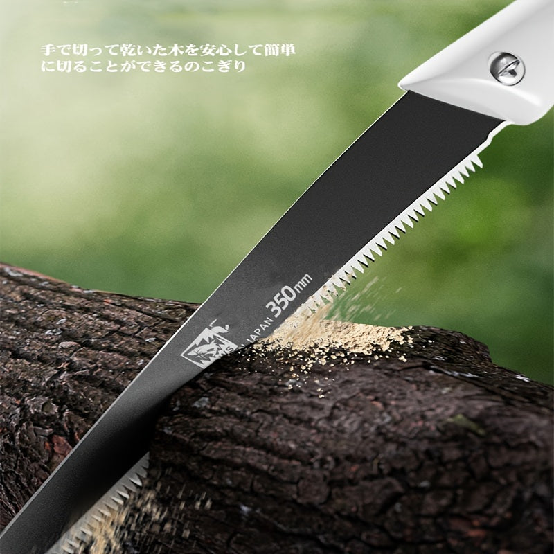 Compact manual hand saw for trees and garden, made of carbon steel for outdoor woodworking and pruning. Includes protective case, suitable for home and outdoor use. Ideal for garden tools