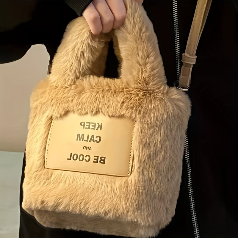 Stylish khaki bucket bag for women with faux fur, magnetic closure, spacious interior, fluffy texture, and secure shoulder strap.