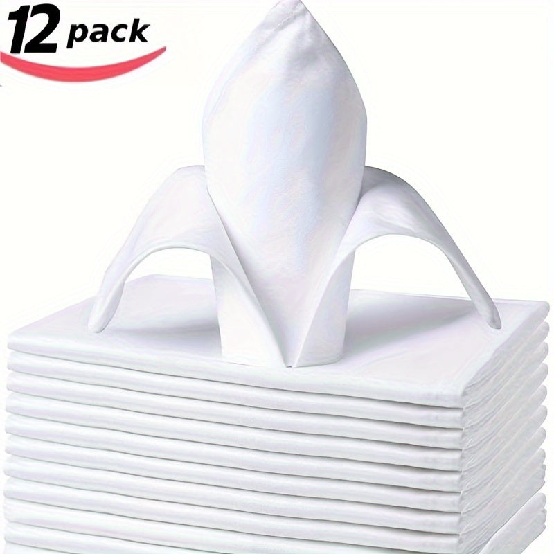 12 elegant white polyester cloth napkins, oversized, square, double folded with hemmed edges. Perfect for dining, restaurants, weddings, Thanksgiving & Christmas. Smooth texture, easy to care for.