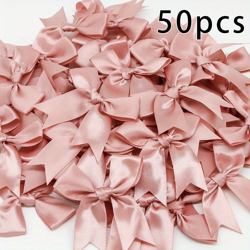 50 pieces of small pink and white satin ribbon bows measuring 8.38cm x 8.38cm for DIY crafting, gift tying, wedding decorations, and baking.