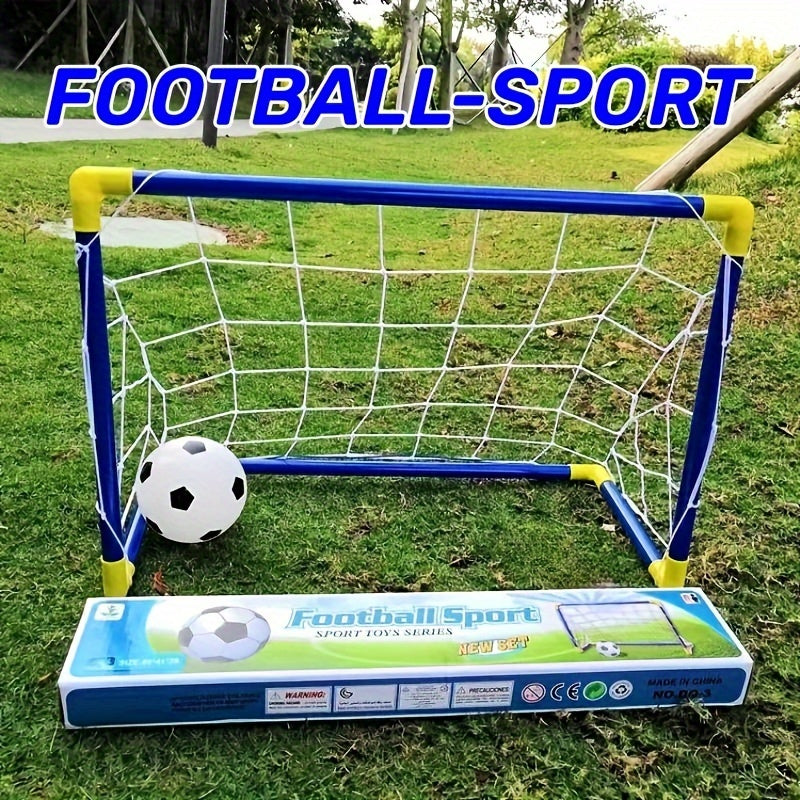 Indoor Micro Toy Football Goal Set with Pump and Plastic Football in Paper Box Packaging. Includes ball net, size 60cm x 40cm. Easy to assemble, convenient for carrying to park or beach.