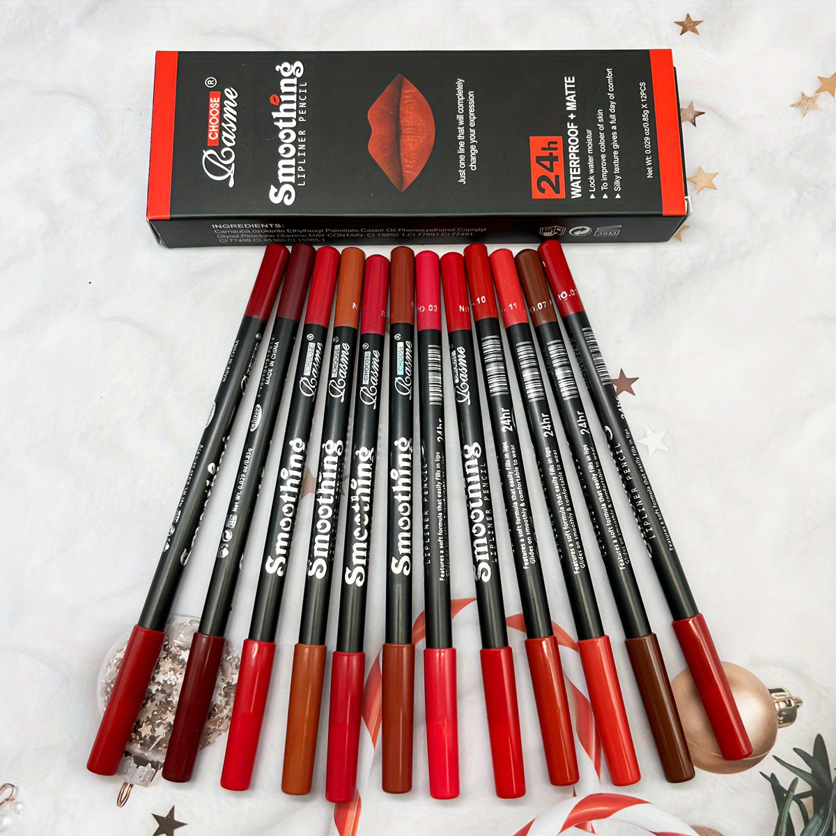 12pc Matte Lip Liner Pencil Set with assorted mocha shades for lip contouring and definition, perfect gift for women.