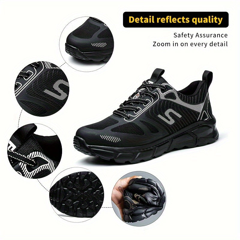 Breathable steel toe work sneakers for men with anti-smashing and puncture-proof features, offering comfort and protection.