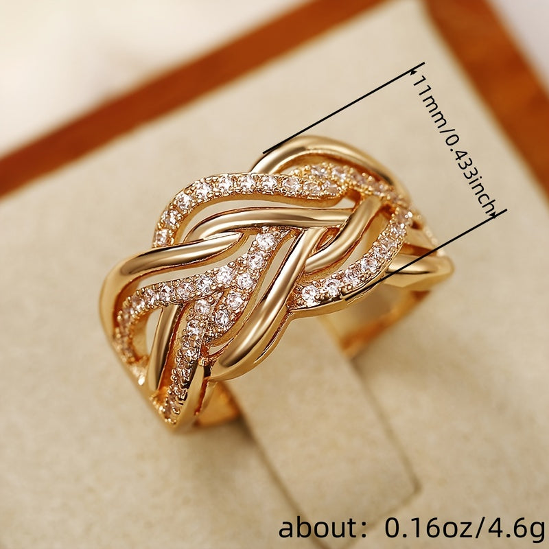 Interweaving micropaved zirconia golden wide ring luxury jewelry for women's wedding and engagement gifts.