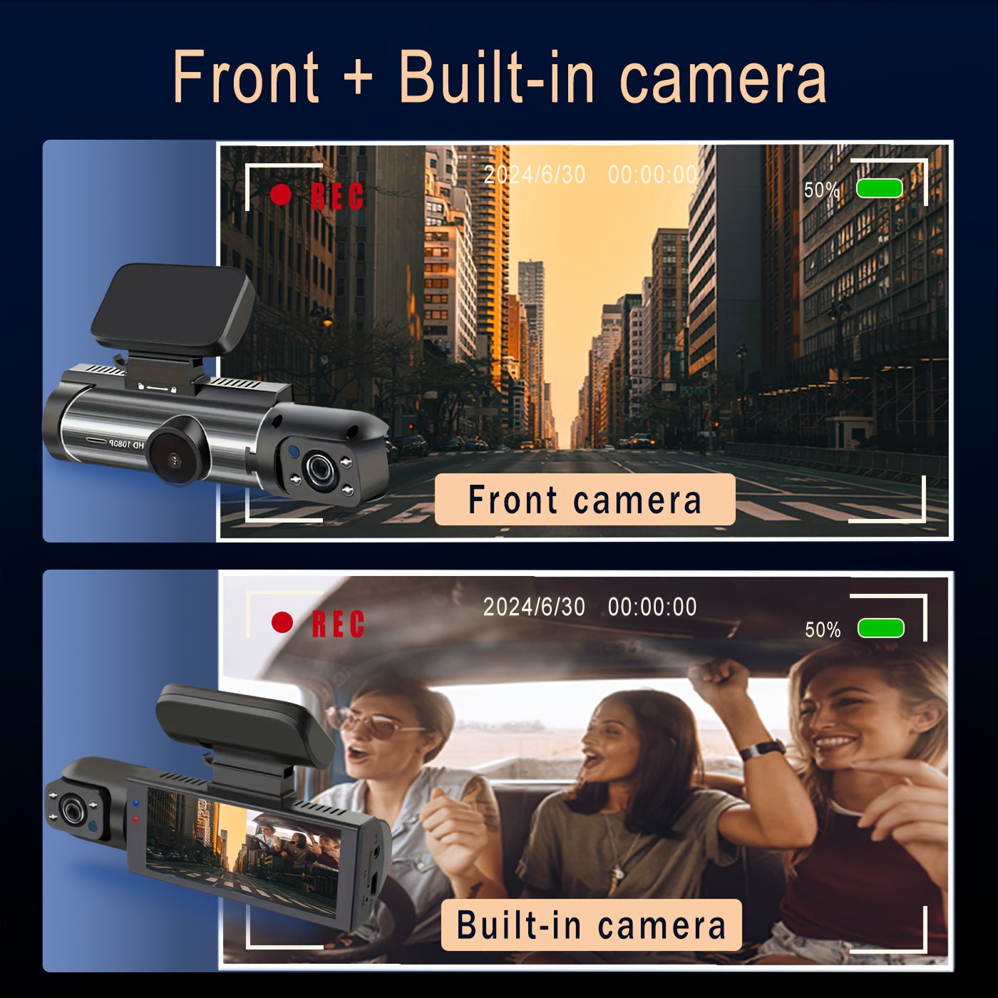 Dual camera dash cam for cars with front 1080P and inside 480P resolution, IR night vision, loop recording, wide angle dual lens, and 8.03 cm IPS screen. Optional 32GB SD card.