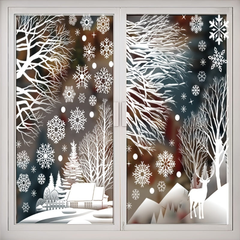 Transform your home into a cozy winter wonderland with 56 pieces of window decals featuring static cling snowflake, forest, and wooden cabin stickers. Perfect for Christmas, Hanukkah, Thanksgiving, and New Year decorations. Made of plastic, these