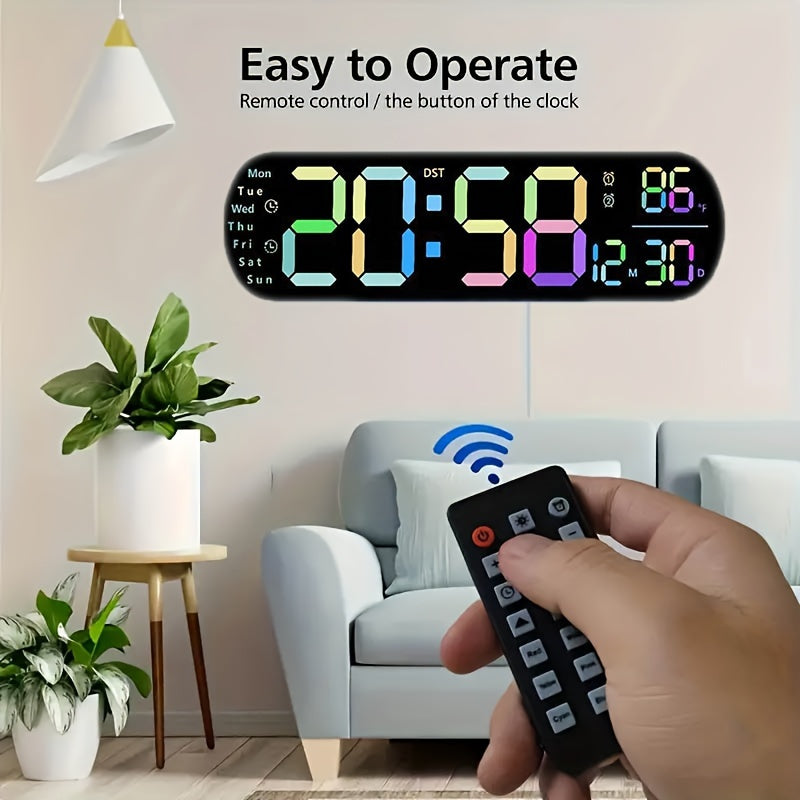 Multifunctional LED wall clock with remote control. Features dual alarm, date and week display, auto-dimmable brightness, 12/24H format, and USB powered. Includes night light and ideal for