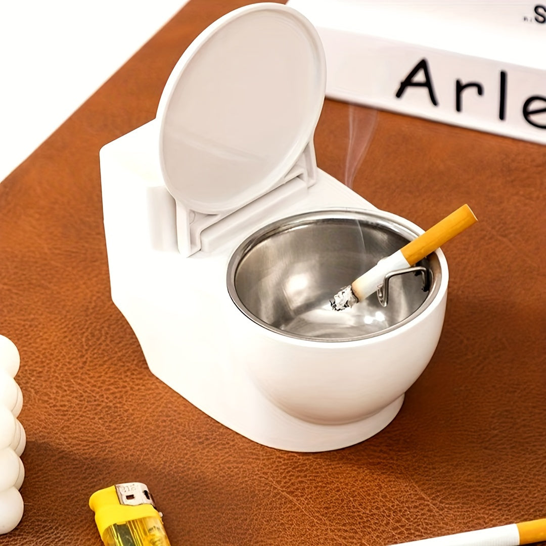 Creative Toilet Shaped Ashtray with Lid - Stylish covered ash bin for home, living room or bedroom. Metal and plastic construction, wall-mountable. No electricity needed.