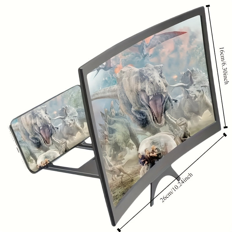 Portable 14-inch 3D curved screen magnifier with foldable stand for movies, videos, and games, no power required.