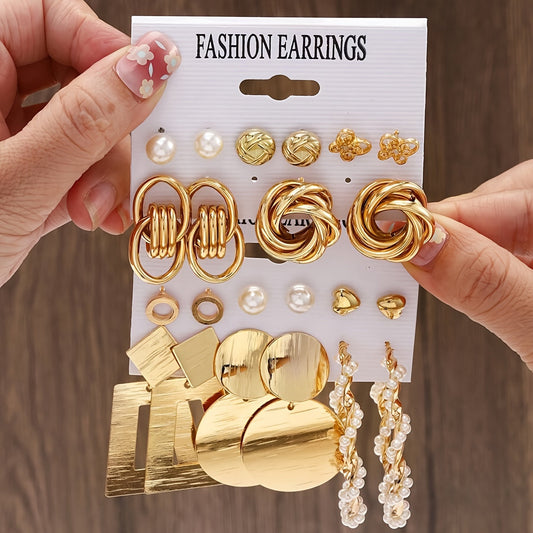 A stunning 10-piece vacation set featuring simple yet exaggerated European and American metal style. These Butterfly Twist Polygon Imitation Pearl Earrings are perfect for women who want to stand out at any party, travel adventure, or holiday getaway.