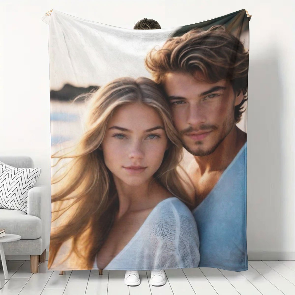 Personalizable Flannel Photo Blanket, Durable, Suitable for All Seasons, Made with High-Quality Knit Polyester Fabric, Features Digital Print Design with a Modern Touch, Ideal for Special Events such as Weddings, Birthdays, Christmas, Valentine's Day -