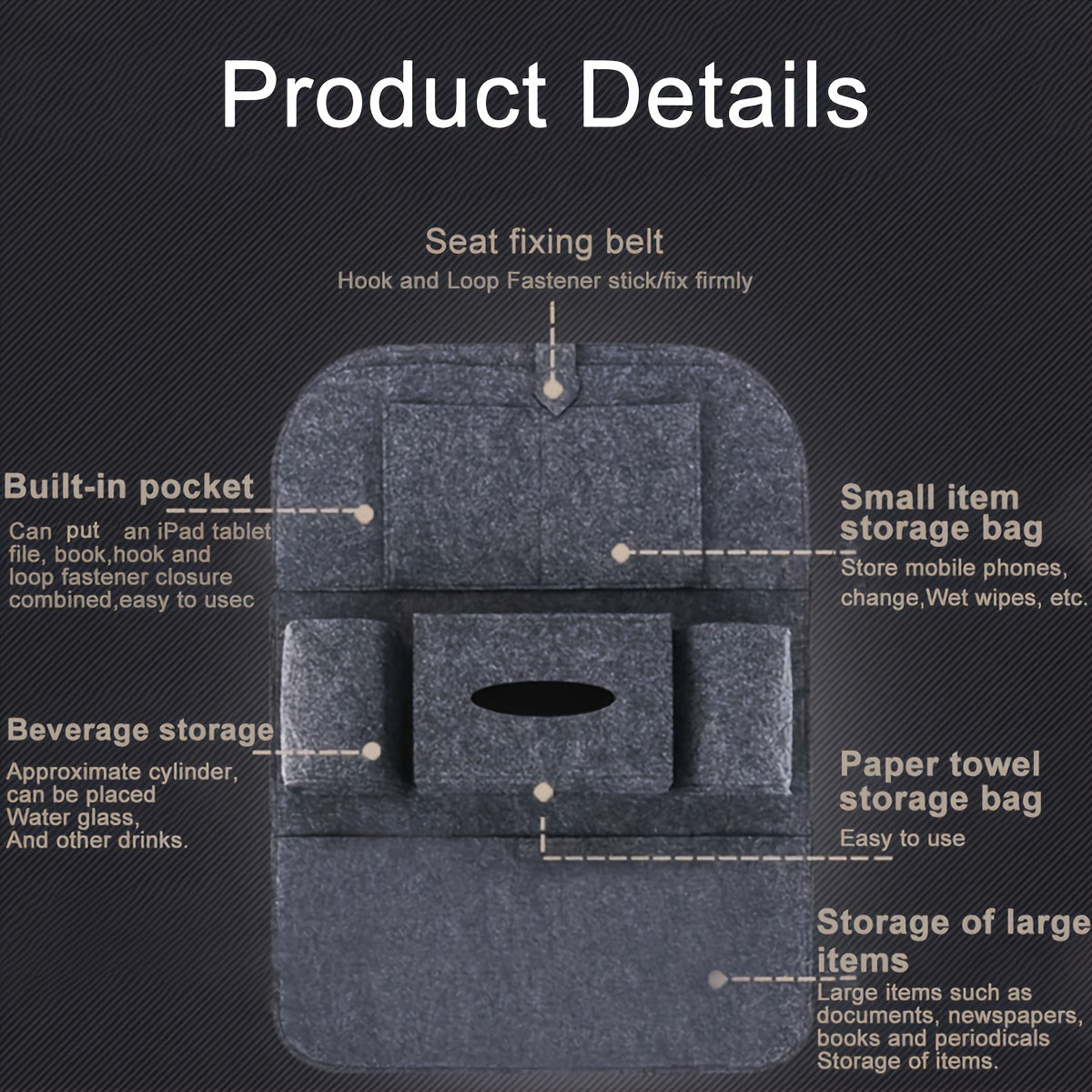 One piece of felt car seat storage bag, a versatile car seat back storage organizer.