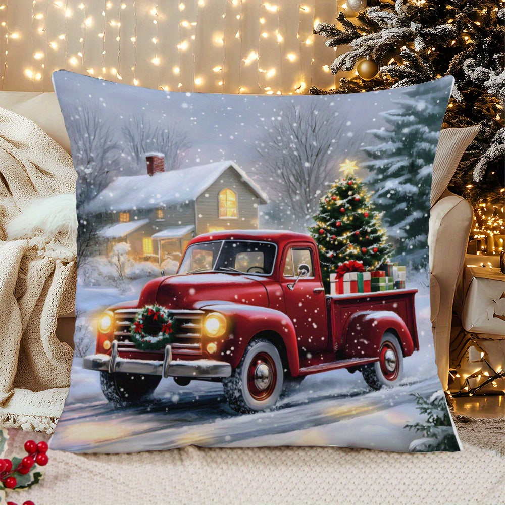 Get into the holiday spirit with our Christmas-themed throw pillow cover! This 1pc knit fabric polyester cushion case features a charming red truck and tree print, perfect for adding a festive touch to your sofa, bed, or car. The contemporary style