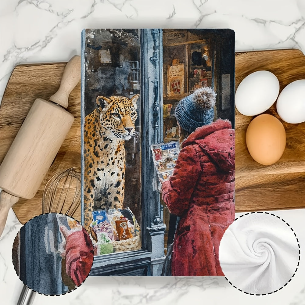 Set of 2 Ultra Soft Kitchen Towels featuring a Whimsical Leopard & Human Encounter Design, Made with Highly Absorbent Polyester Material. Easily Machine Washable, each towel measures 40.64x60.96 cm - Perfect for Holiday Decor and practical use as Dish