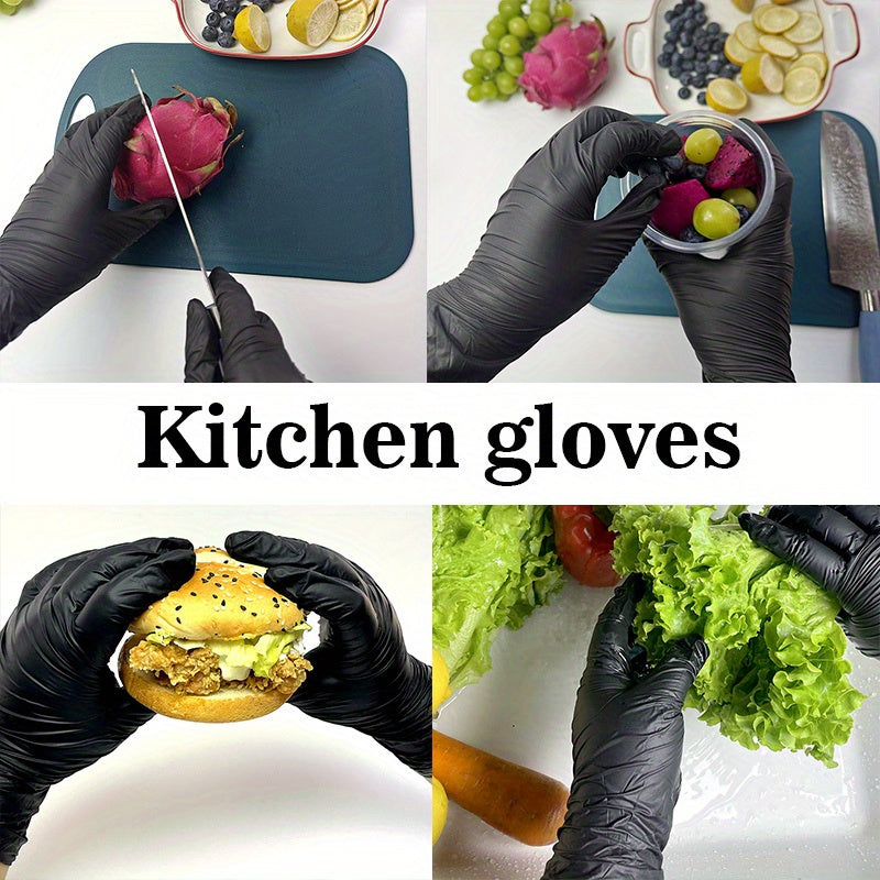 Highly elastic black gloves with 101 pieces, suitable for food handling, nail care, dishwashing, and household cleaning tasks. Powder-free and disposable.