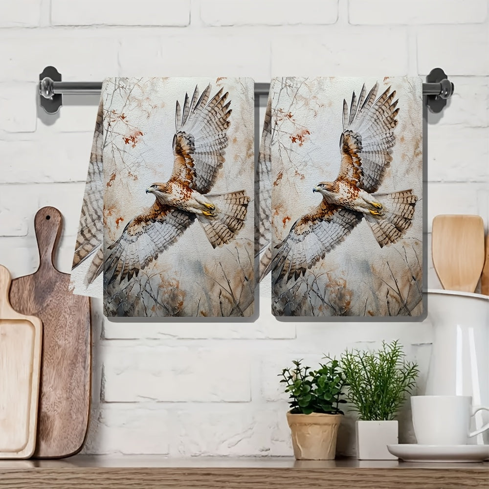 Two ultra-soft kitchen towels featuring the piercing cry of a hawk flying above. These dish towels are highly absorbent and perfect for holiday decoration. They are machine washable and measure 40.64X60.96 cm.