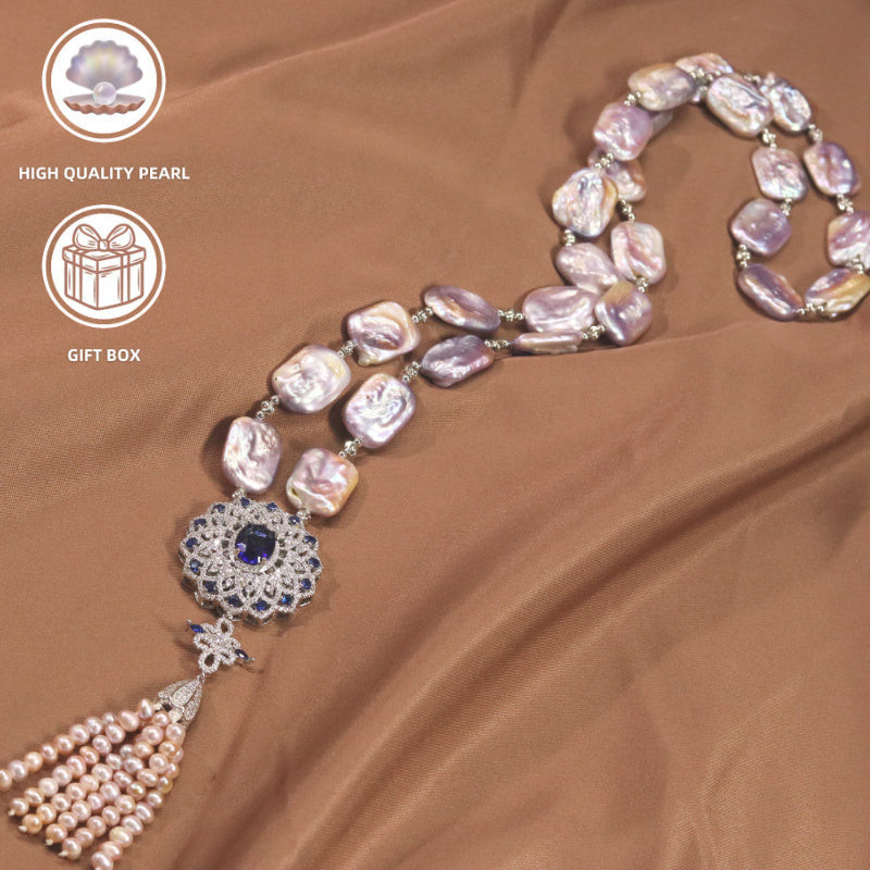 This elegant sweater necklace features a luxurious 5A Zirconia and high-quality purple square baroque natural pearl. Made with fine craftsmanship, it highlights both personality and fashion, ensuring comfortable wear. Perfect for a variety of occasions