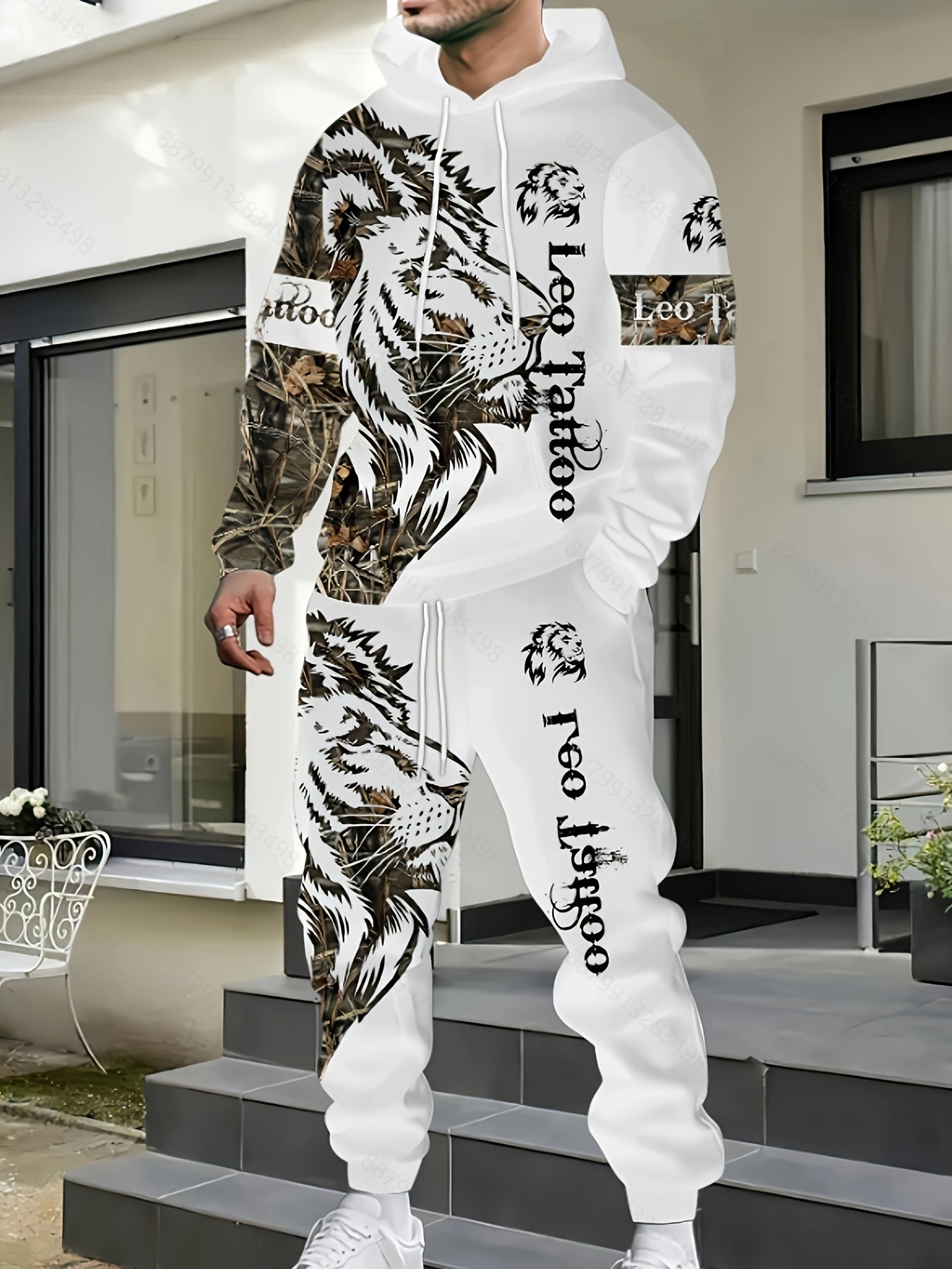 Men's polyester tracksuit set with geometric lion print, 3D digital print sweatshirt and pants, slight stretch fabric, ideal for casual spring/fall wear.