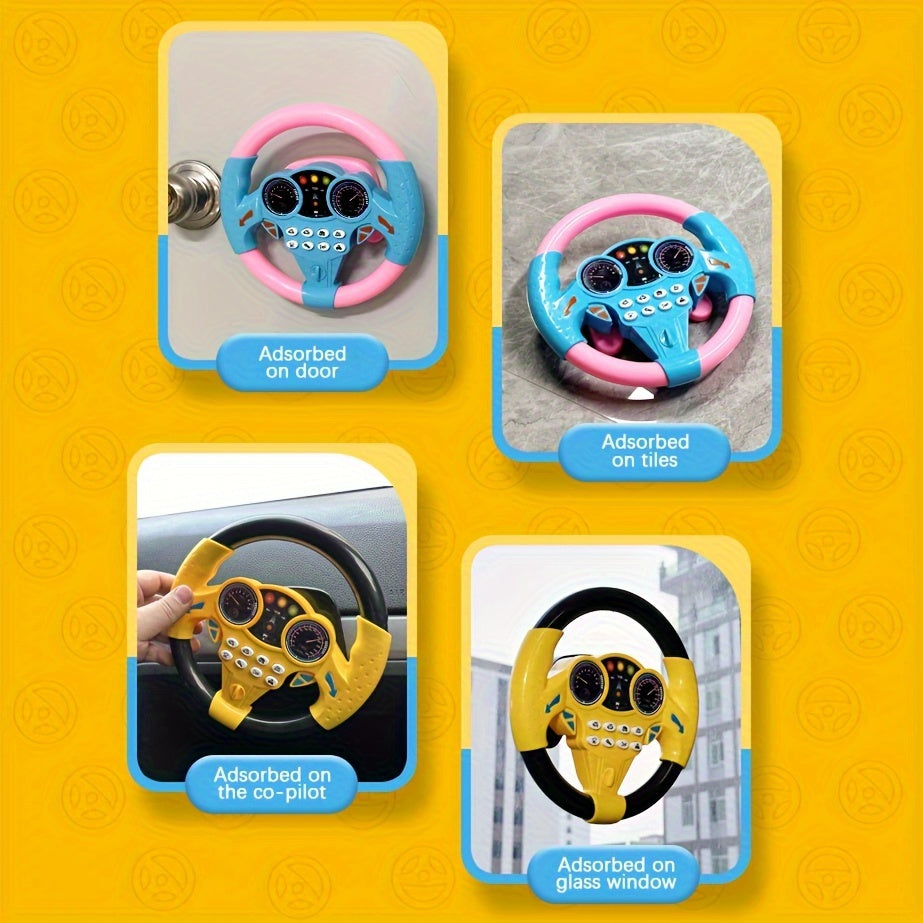 Kids simulated driving controller with interactive car steering wheel toy made of ABS resin in assorted colors, no batteries included. Great educational activity gift.