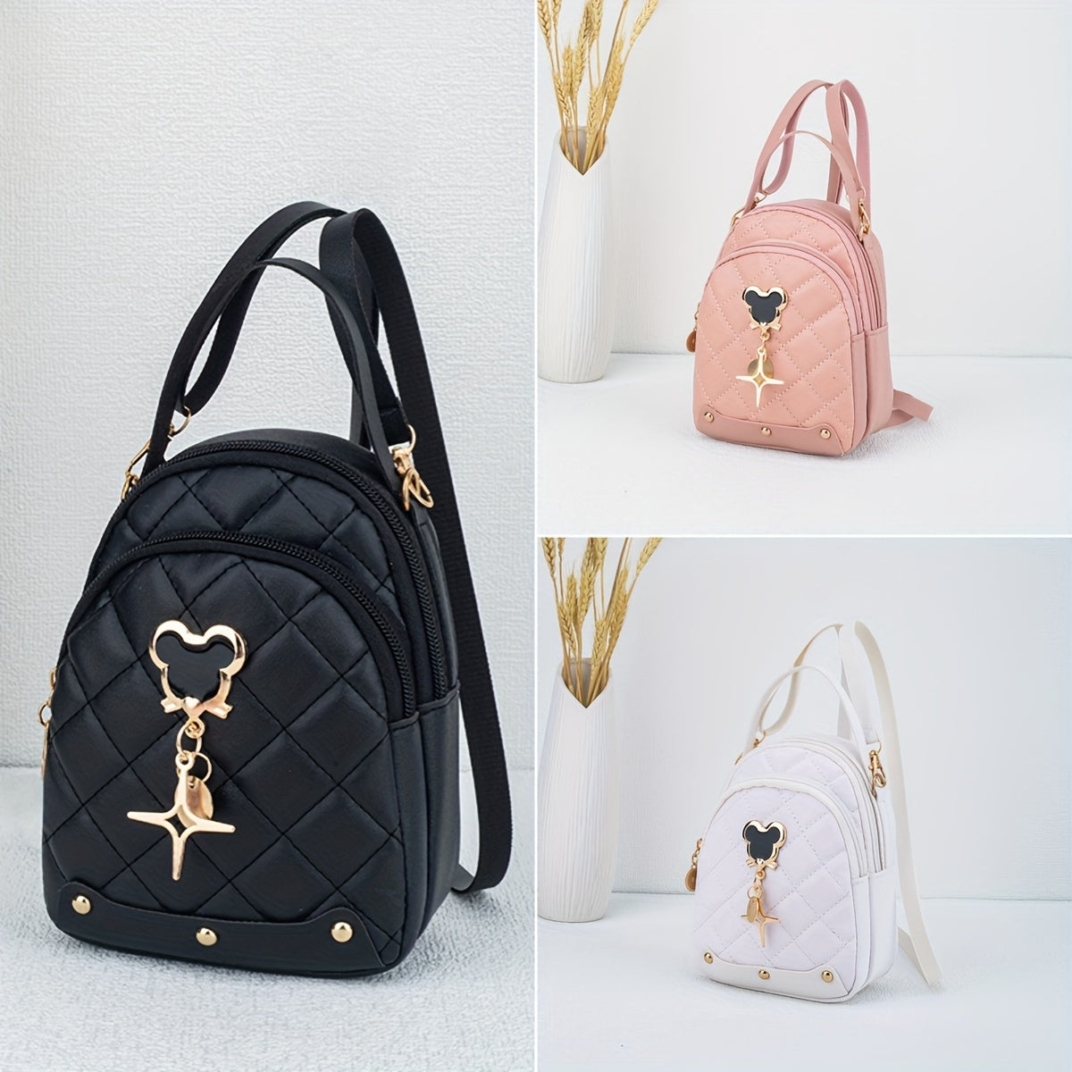 Stylish plaid mini backpack with mouse ear design and dual zipper closure from Guangzhou.