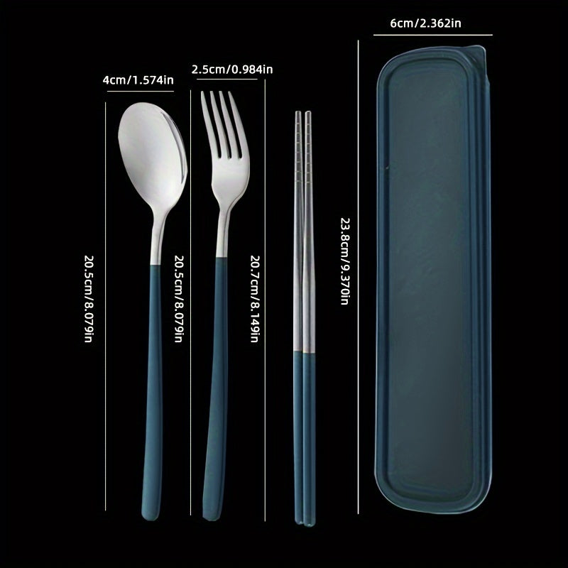 Set of 4 stainless steel portable cutlery with reusable box, including fork, spoon, and chopsticks. Perfect for steak, outdoor gatherings, camping, and as a Chinese-style gift set.