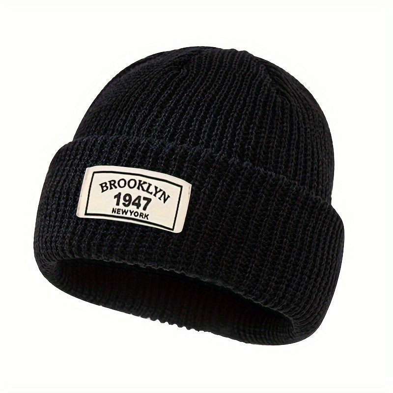 Knitted beanie for men - warm and elastic winter hat with letter patch, perfect for active leisure and holiday gifting, including Valentine's Day.