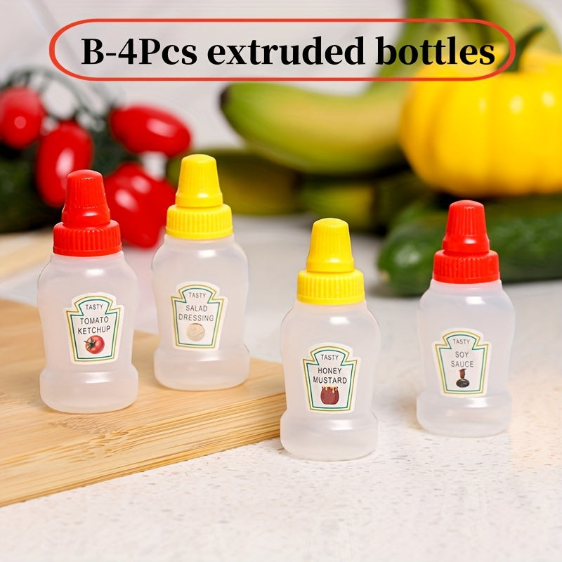 Set of 4 mini sauce bottles for condiments and spices, ideal for lunches, picnics, and kitchen use.