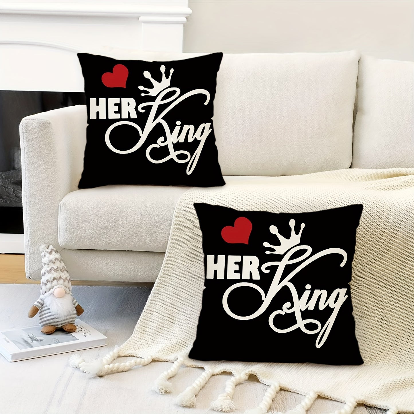 Set of 2 Lover's Throw Pillow Covers with Hearts and Crowns, Valentine's Day and Anniversary Gifts, Home Decor for Couch, Sofa, Living Room, Bedroom, 44.96*44.96cm each, Pillow Inserts not included