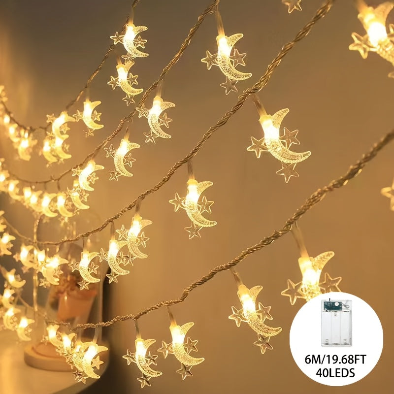 LED Moon and Star String Lights with switch control, battery-powered for wedding and home decor creating a festive atmosphere.