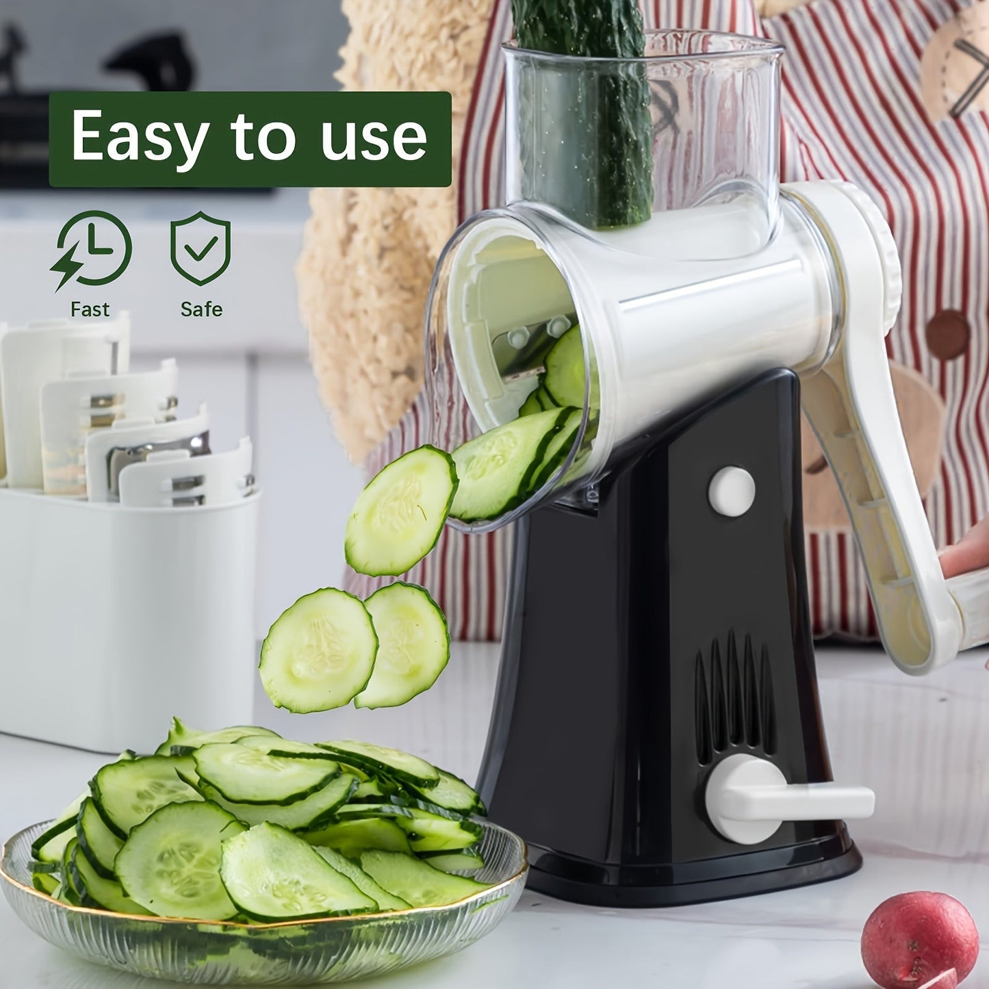 One piece, 5-in-1 rotary cheese grater and shredder, vegetable slicer, multifunctional fruit slicer, manual food grater, and cutter with a powerful suction base. Perfect for grating potatoes and chopping household vegetables. Essential kitchen gadget and