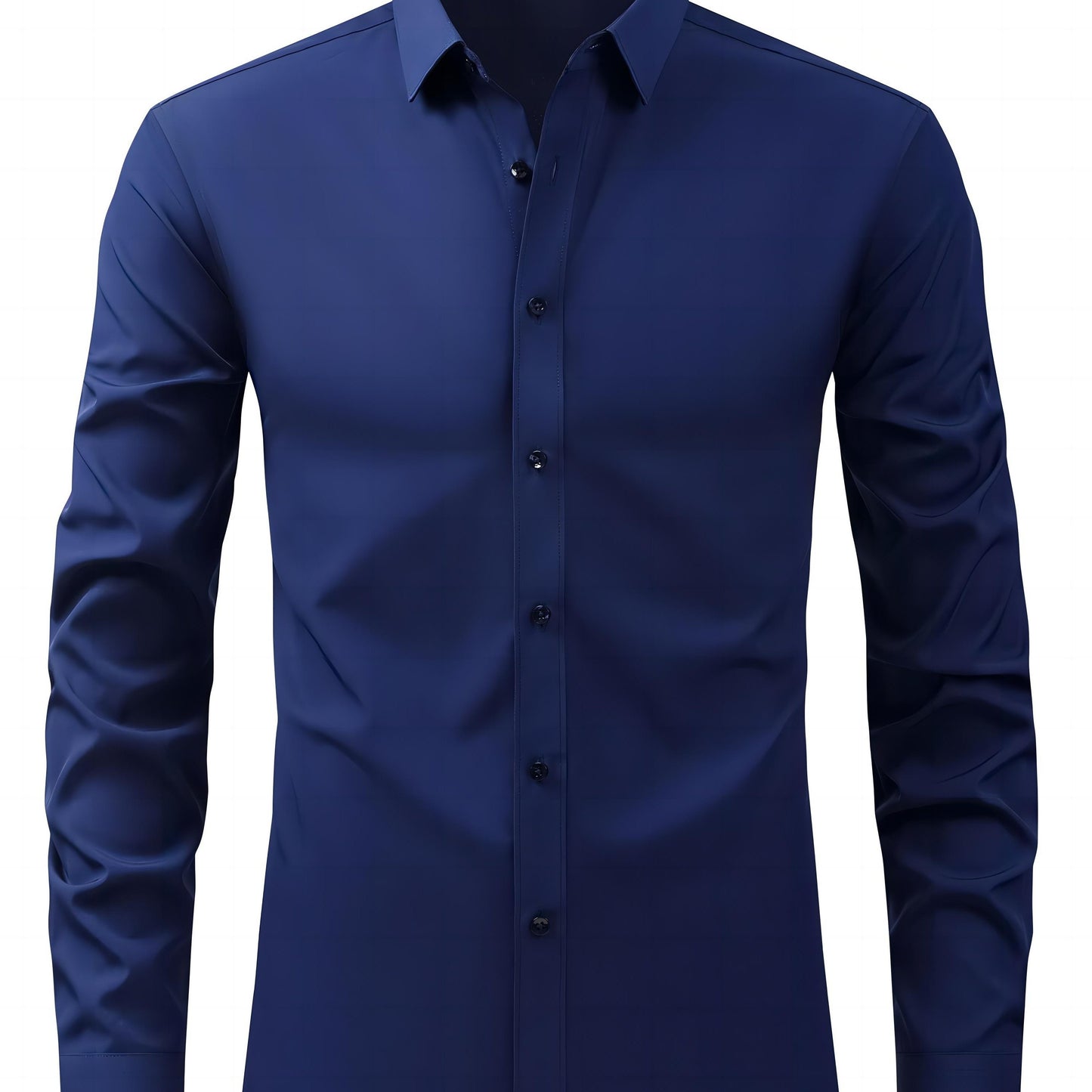 Men's solid black long sleeve shirt with lapel collar, made of 100% polyester with a slight stretch, 120gsm woven fabric, regular fit for all-season casual business wear, no chest pad