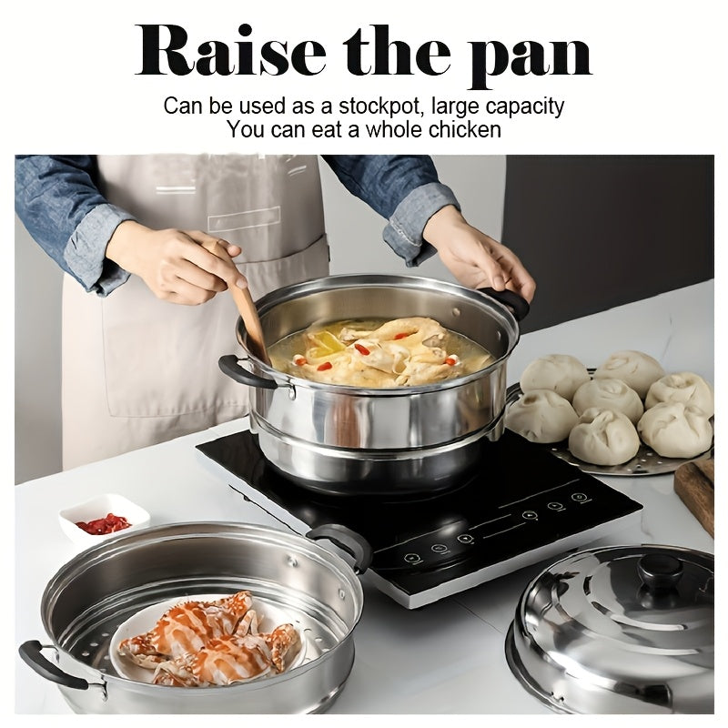 A versatile 3-tier stainless steel steamer set with a lid that is ideal for steaming bread, fish, and vegetables. This steamer set is compatible with induction and gas stoves, making it perfect for use in any kitchen. It is a must-have kitchen essential