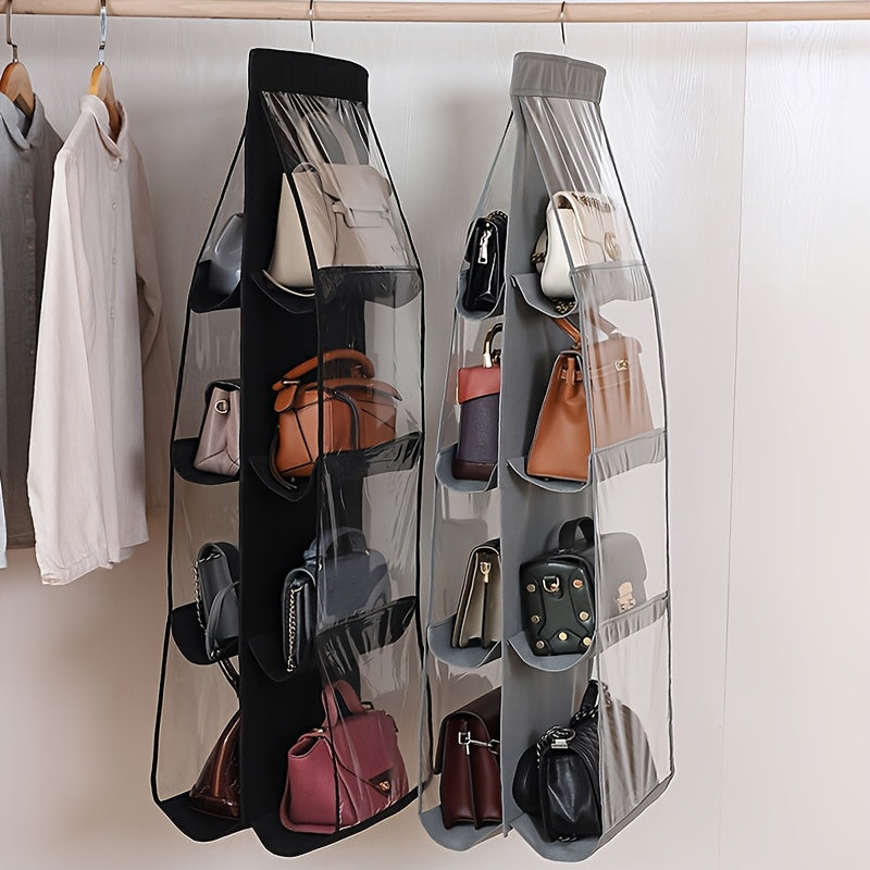 Elegant fabric wall hanging closet organizer with secure pockets in black & dark grey.