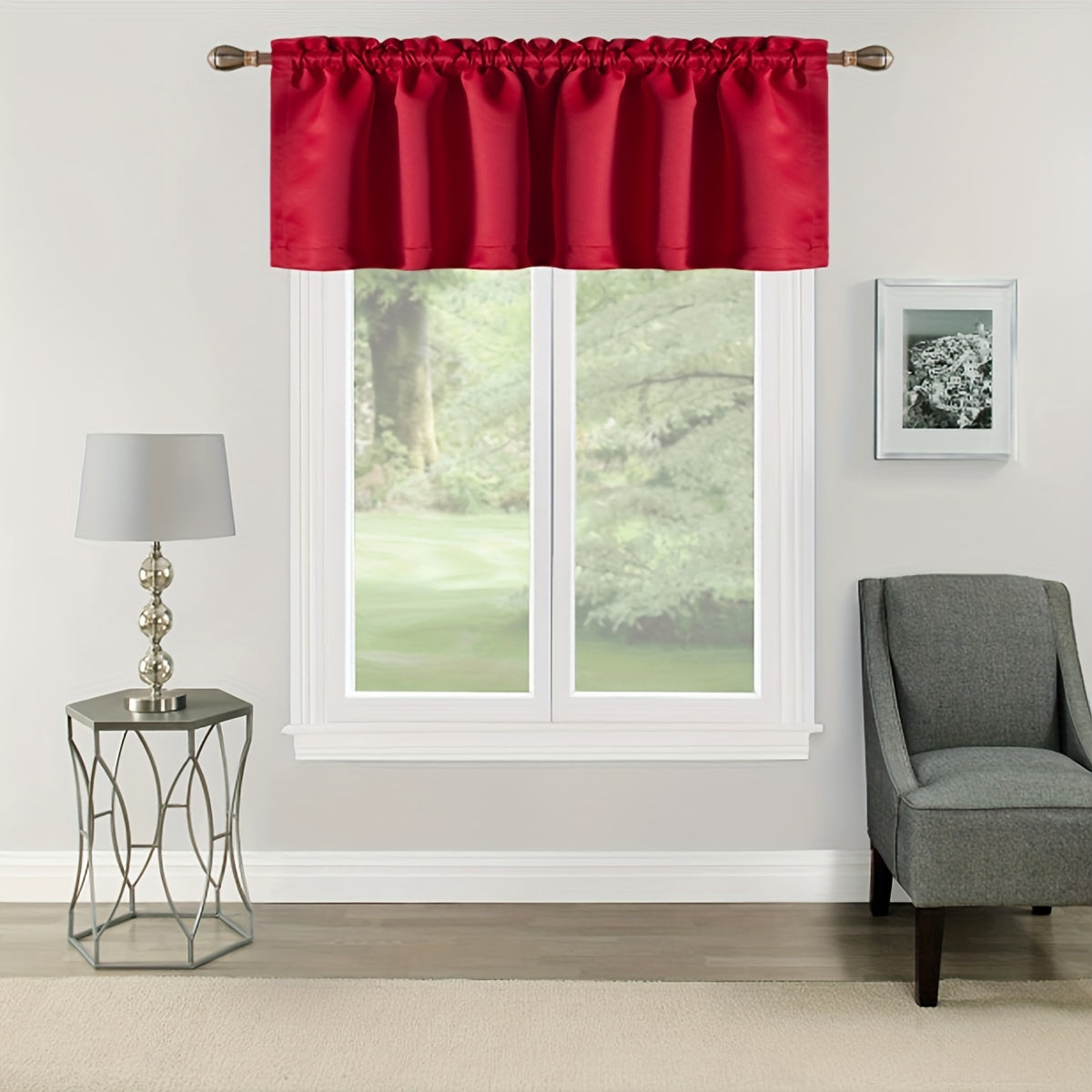 One piece of solid rod pocket valance curtain with a rod cover design suitable for use in the kitchen, bedroom, or bathroom.