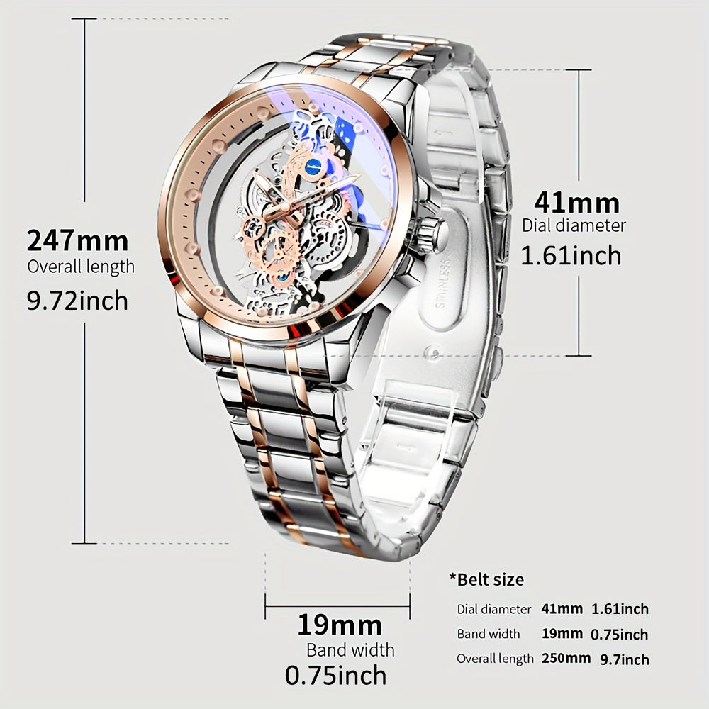 Luxury men's rose gold skeleton quartz watch with luminous hands, zinc alloy case, faux leather and stainless steel band - ideal Father's Day gift.