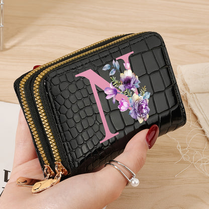 Stylish women's crocodile pattern wallet with "P" design, double zipper handbag in black, white, and pink. Fashionable coin purse for travel and daily use, school accessory with a textured