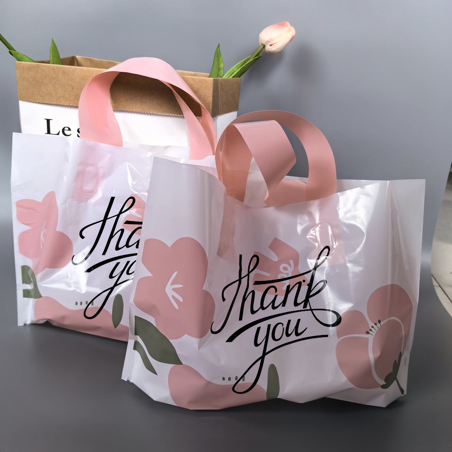 Pack of 50 Floral Thank You Gift Bags - Strong plastic bags for shopping, weddings, birthdays, and holidays