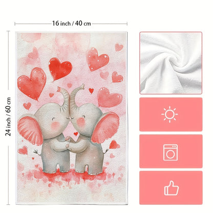 Set of 2 Ultra Soft Kitchen Towels with Cute Cartoon Elephants Embracing Design, Super Absorbent & Easy to Clean Dish Hand Towels, Ideal for Valentine's Day Decoration, Size 40.64x60.96 cm, Dish Towels