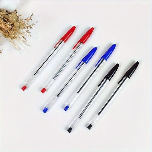 50 transparent round rod quick-drying ballpoint pens with black ink for office and school use.