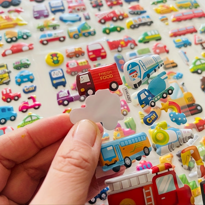 Set of 8 cartoon vehicle stickers featuring 3D Stereoscopic Cars, Fire Trucks, and Excavators. Fun and educational reward stickers in mixed colors, self-adhesive plastic.