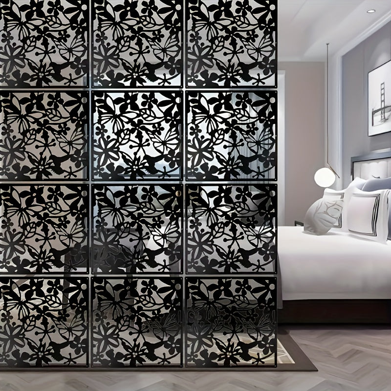 Stylish Modern Set of 12 Floral Design Plastic Partitions for Living Room, Bedroom, Office - Bohemian Art Decorative Hanging Screens, No Wood, Black