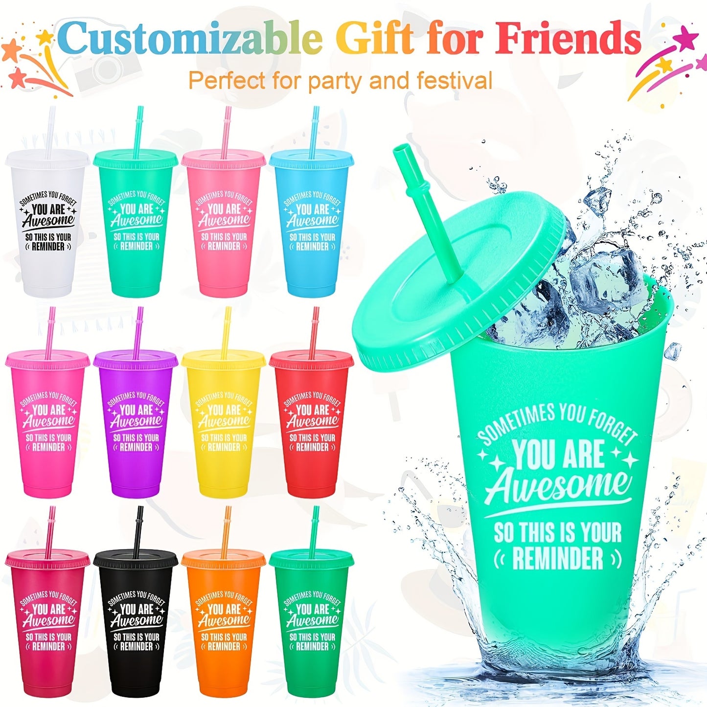 5-Pack of 24oz inspirational tumblers with lids and straws, hand-wash only cups, BPA & PVC free, rectangle sealable mugs for coworkers, teachers, employees.