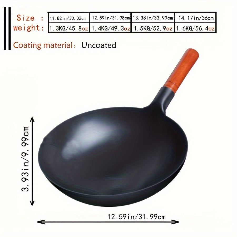 One Piece of Traditional Chinese Cast Iron Wok with Uncoated Non-Stick Surface, Wooden Handle, Hand Wash Only, for Use on Gas Stoves